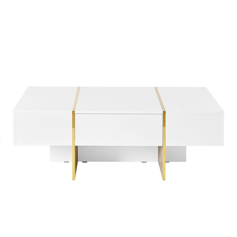 Clihome 47.2'' x 31.4''Minimalist High Gloss Coffee Table with 2 Drawers, Multi-Storage Rectangle Sofa Table with Golden Wood Grain Legs, Modern Center Table for Living Room