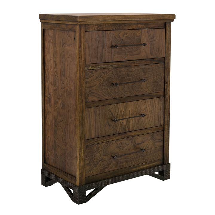 Ally Tall Dresser Chest, 4 Drawers, Classic Walnut Brown Parota Wood - Benzara
