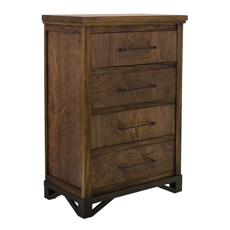 Ally Tall Dresser Chest, 4 Drawers, Classic Walnut Brown Parota Wood - Benzara