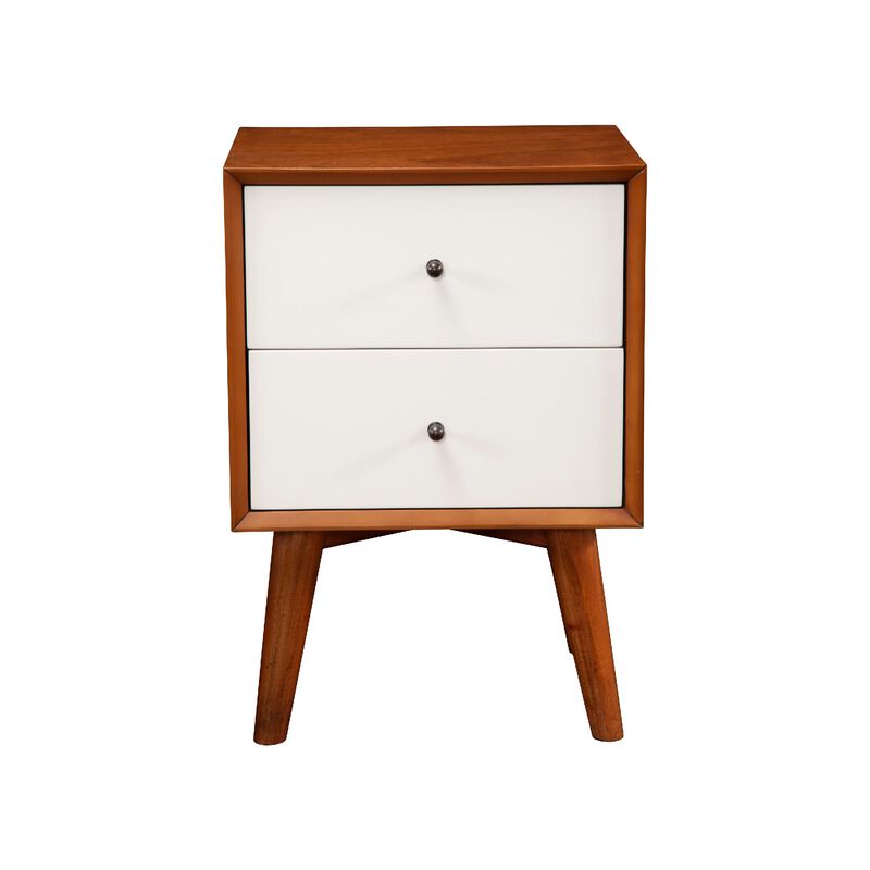 Stylish Wooden Nightstand With Two Drawers and Flared Legs, Brown and White-Benzara image number 1