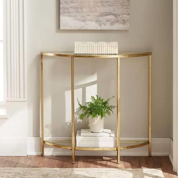 Hivvago Half-Circle Entryway Console Table Gold Metal Glass Top Bottom Shelf Sofa Table