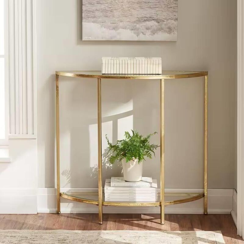Hivvago Half-Circle Entryway Console Table Gold Metal Glass Top Bottom Shelf Sofa Table