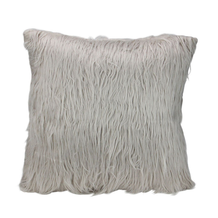 17" Beige and Taupe Faux Fur Square Throw Pillow with Suede Backing