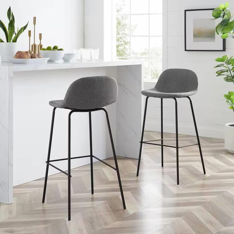 Hivvago Set of 2 - Modern Low Back Barstool with Black Metal Frame and Grey Linen Seat