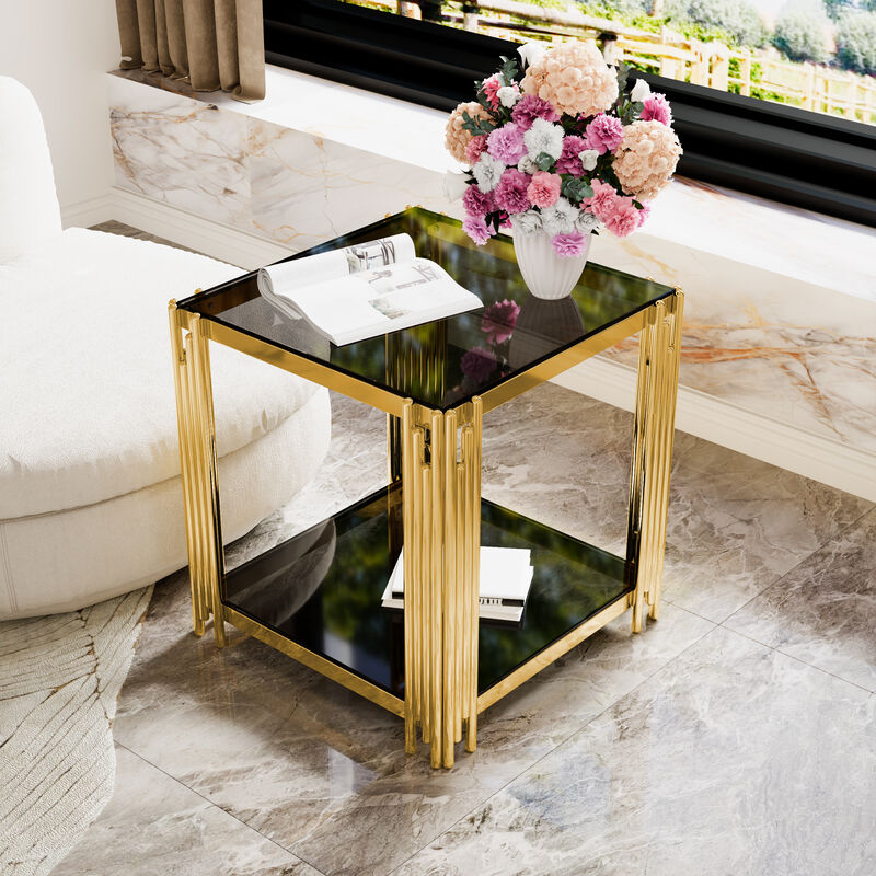 Merax Modern Mirror End Table Asymmetrical Metal Frame with Lower Shelf image number 3