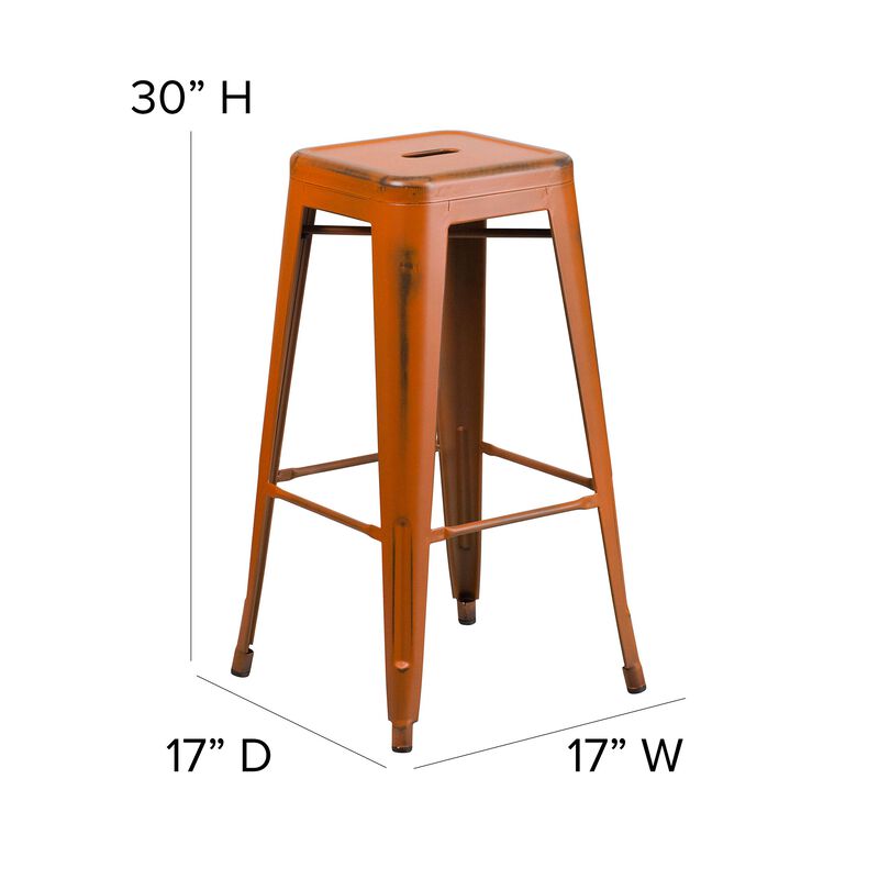 Flash Furniture Kai Commercial Grade 30" High Backless Distressed Orange Metal Indoor-Outdoor Barstool