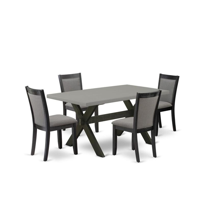 East West Furniture 5 Piece Modern Dining Set - A Cement Top Kitchen Table with Trestle Base and 4 Dark Gotham Grey Linen Fabric Dining Chairs - Wire Brushed Black Finish