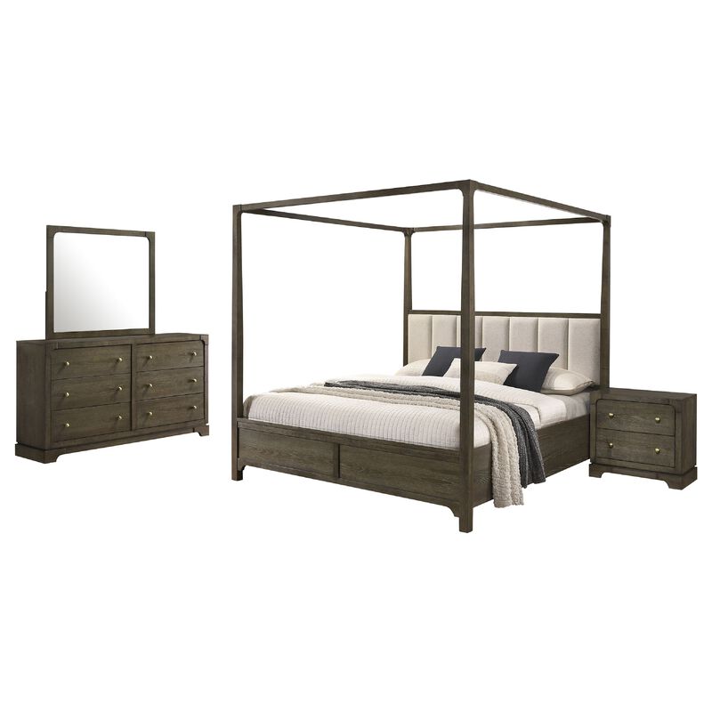 Seon 4pc Queen Bedroom Set, Dark Brown Solid Wood, Canopy Style Bed