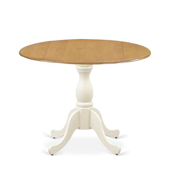 East West Furniture Wooden Dining Table with Drop Leaves - Oak Table Top and Linen White Pedestal Leg Finish