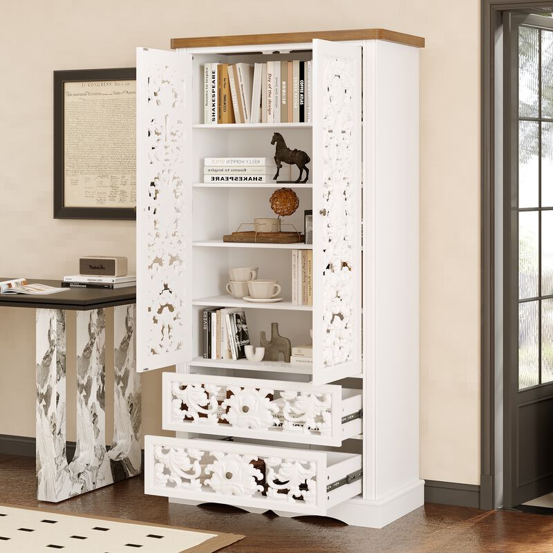 FUFU&GAGA Carved White Wardrobe with 2 Doors & 2 Drawers, Antique Metal Pulls, Wood Grain Top (33.1 in. W x 15.7 in. D x 66.1 in. H)