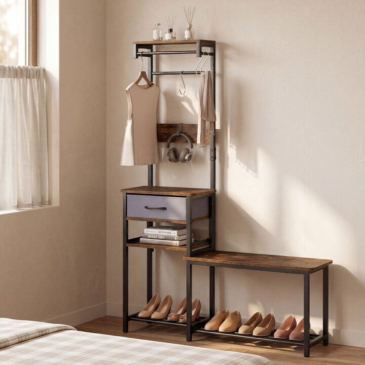 7-in-1 Entryway Organizer with Shoe Bench, Hooks and Storage Drawer