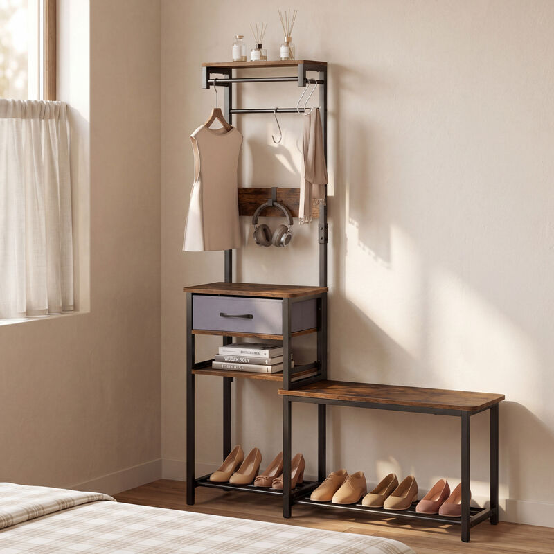 7-in-1 Entryway Organizer with Shoe Bench, Hooks and Storage Drawer image number 1