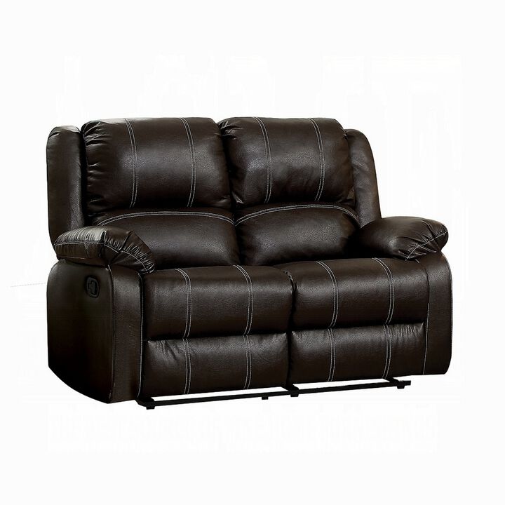Zuru Motion Manual Recliner Loveseat, Pillow Top, Brown Faux Leather - Benzara