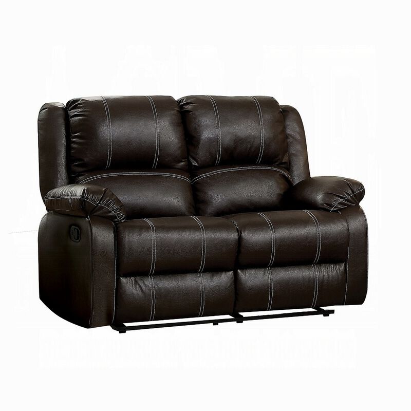 Zuru Motion Manual Recliner Loveseat, Pillow Top, Brown Faux Leather - Benzara