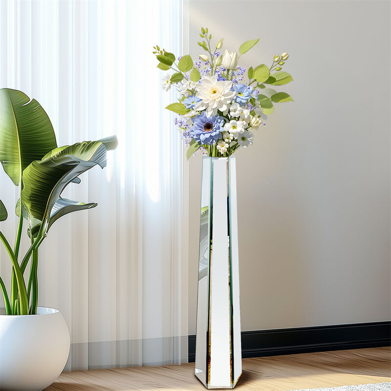 Large Vases Floor Standing Mirrored Luxury Tall Thin Vase Silver Glass Art Decor image number 2