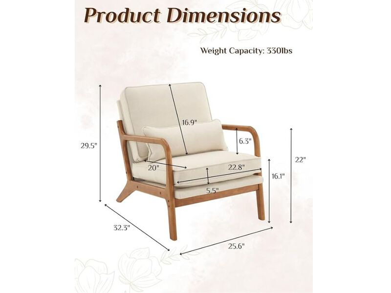 Accent Chair &ndash; Beige Mid‑Century Linen Upholstered Armchair with Pillow & Wood Frame image number 1