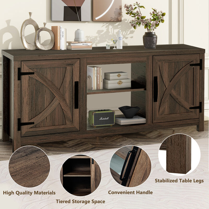 58" Farmhouse TV Stand with Open Storage Shelves and Cabinets for TV up to 65"