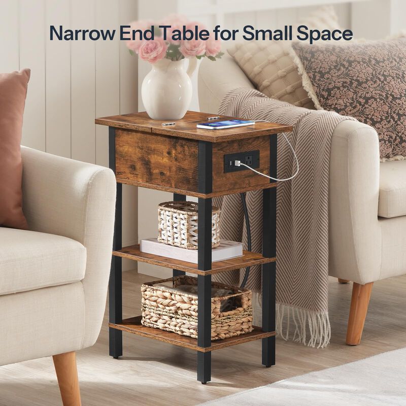 HOOBRO End Table with Charging Station, Flip Top Side Table with USB Ports, Narrow Nightstand Bedside Tables with Storage Shelve