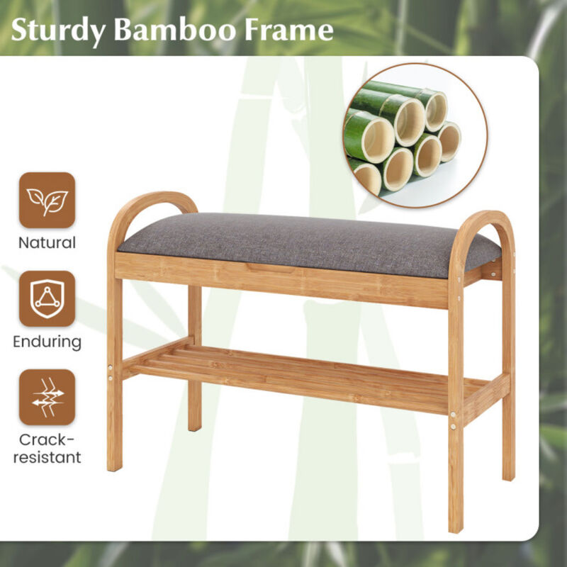 Entryway Wicker Shoe Bench with 2-Tier Storage and Soft Cushion-Natural image number 7