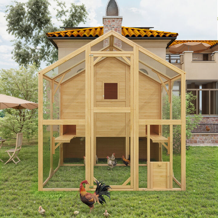 FUFU&GAGA Wood Convertible Chicken Coop & Rabbit Hutch with Triangular Top, Outdoor Mesh Design, and Weather-Resistant Features, (72.6" L x 66.5" W x 74.1" H), Yellow