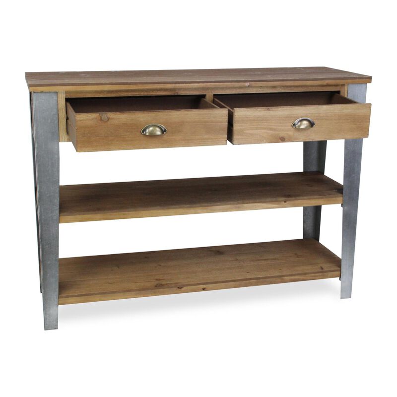 HomeRoots 48" Natural and Gray Wood Console Table With Two Shelves And Two Drawers image number 4