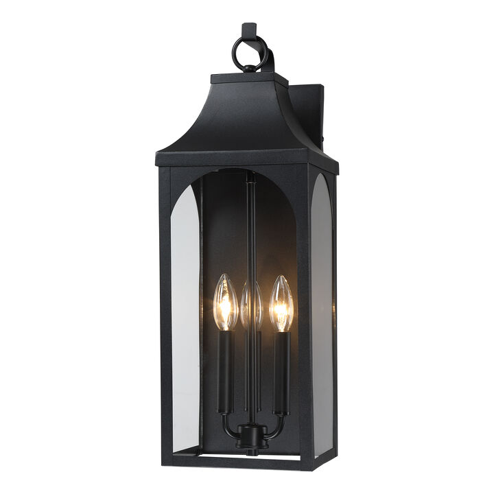22.5 in. 3-Light Outdoor Wall Lantern in Sand Black with Clear Glass