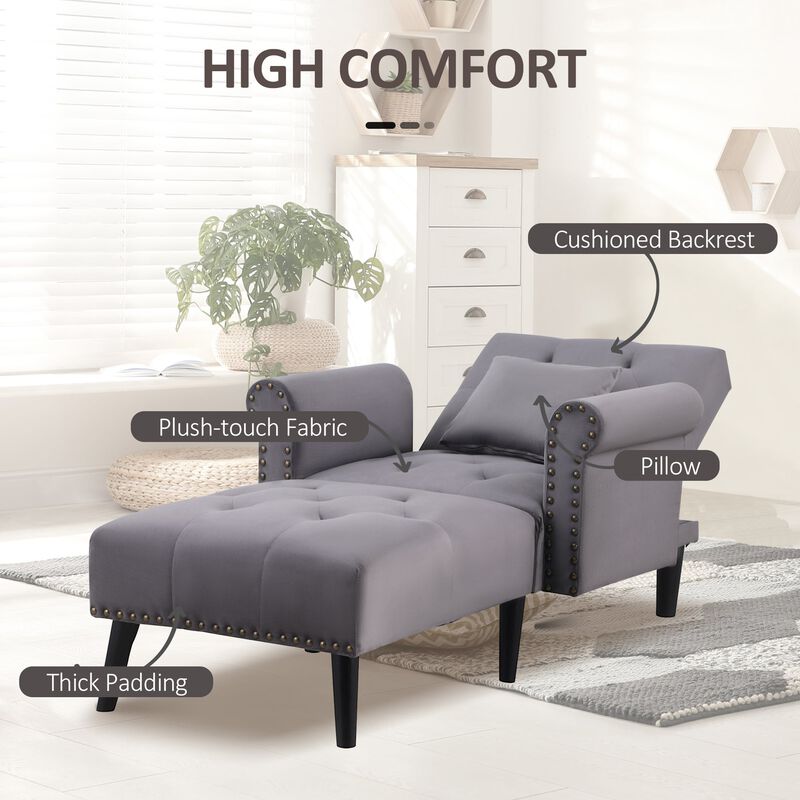 2-In-1 Chaise Lounge Indoor with Rolled Armrest, Nailhead Trim and Button Tufting, Adjustable Velvet Fabric Upholstered Sofa for Bedroom, Gray