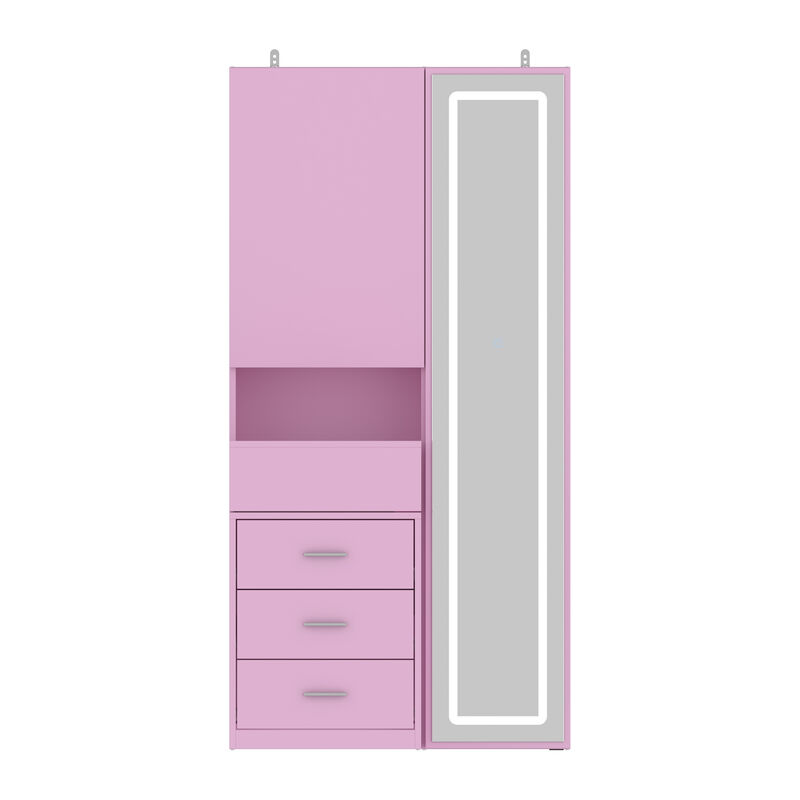 FUFU&GAGA Modern Vanity Table with Lighted Mirror and Storage, 3 Drawers & Sliding Cabinet, (31.5 in. W x 13 in. D x 63 in. H), Pink