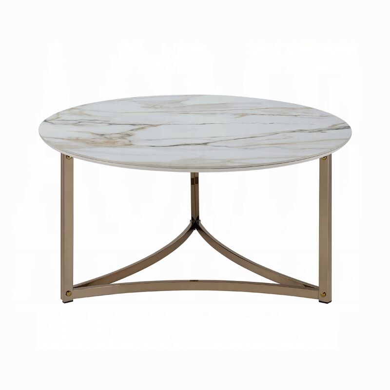 Acor Coffee Table, 35 Inch, Round Sintered Stone Top, White and Gold