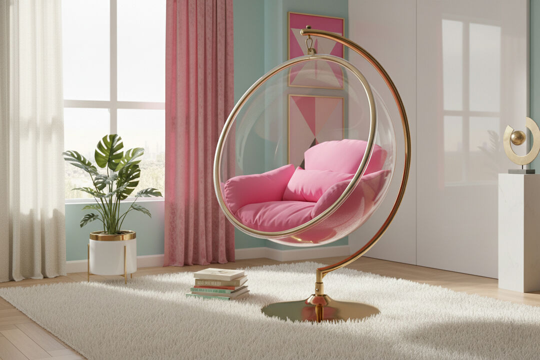 Meridian Furniture Luna Pink Fabric Acrylic Swing Bubble Accent Chair