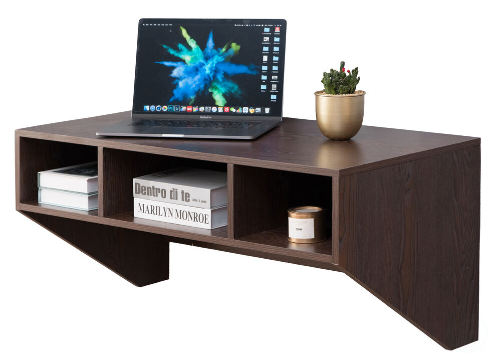 Basicwise Wall-Mounted Computer Desk with Storage Shelves Floating Laptop Table for Home Office or Study Room Foldable Workstation with Compartments for Books Office Supplies and Decor, Brown Finish