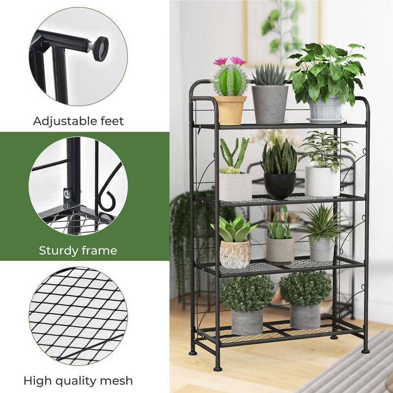 4-Tier Folding Plant Stand with Adjustable Shelf and Feet-Black