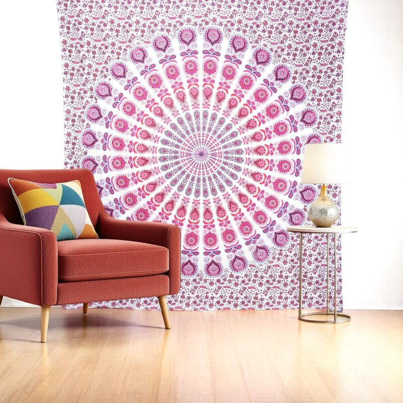 HomeRoots 92" X 84" Pink White And Red Mandala Cotton Hanging Tapestry image number 1