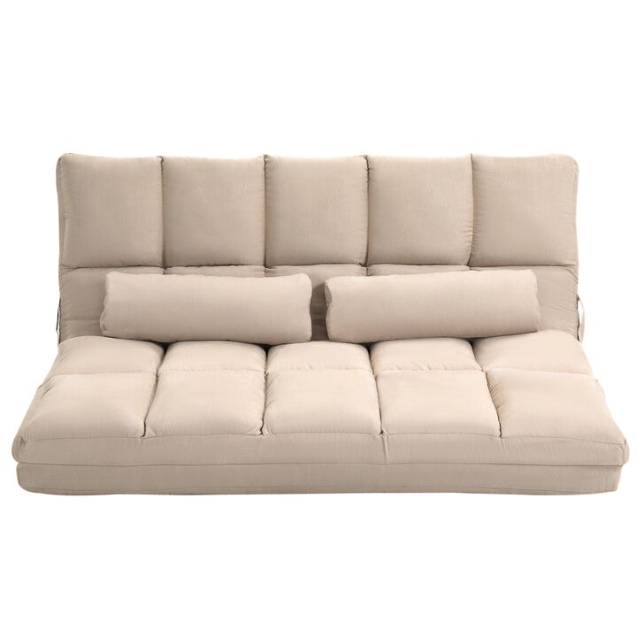 Convertible Floor Sofa Chair, Folding Couch Bed, Guest Chaise Lounge with 2 Pillows, Adjustable Backrest and Headrest, Beige