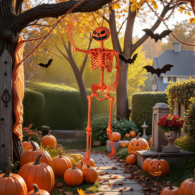 Orange Halloween Skeleton Decoration with Movable Joints and Pumpkin Head Design image number 5