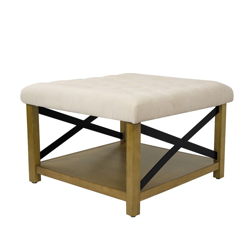 Ottoman with Open Storage, Wood Legs, Cream Tufted Microfiber 30 Inch - Benzara