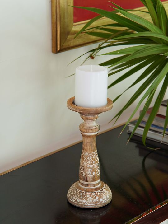 Traditional White Wash Eco-friendly Handmade Mango Wood Set Of One 9" Pillar Candle Holder