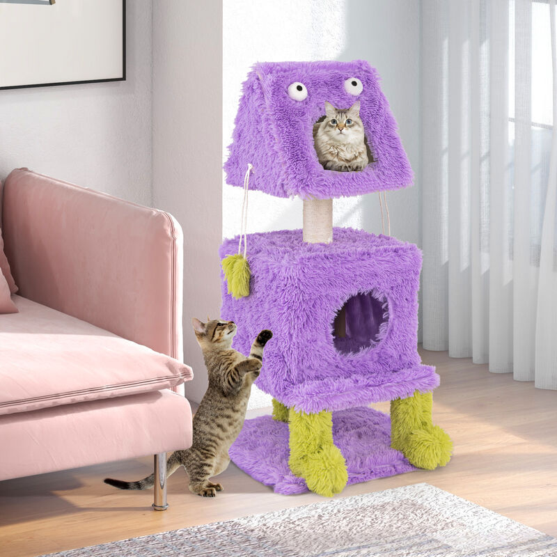 Compact Monster-Themed Cat Tower with 2 Private Condos for Small Spaces