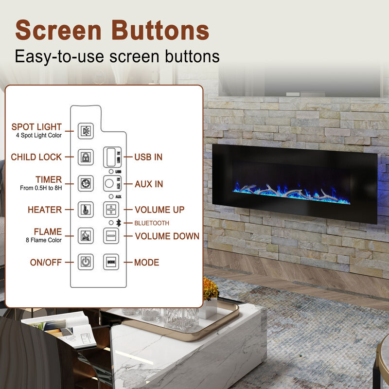 MONDAWE 50" Wall-Mounted Electric Fireplace 5120 BTU Heater with Bluetooth Speaker & Remote Control Adjustable Flame Color & Temperature Setting