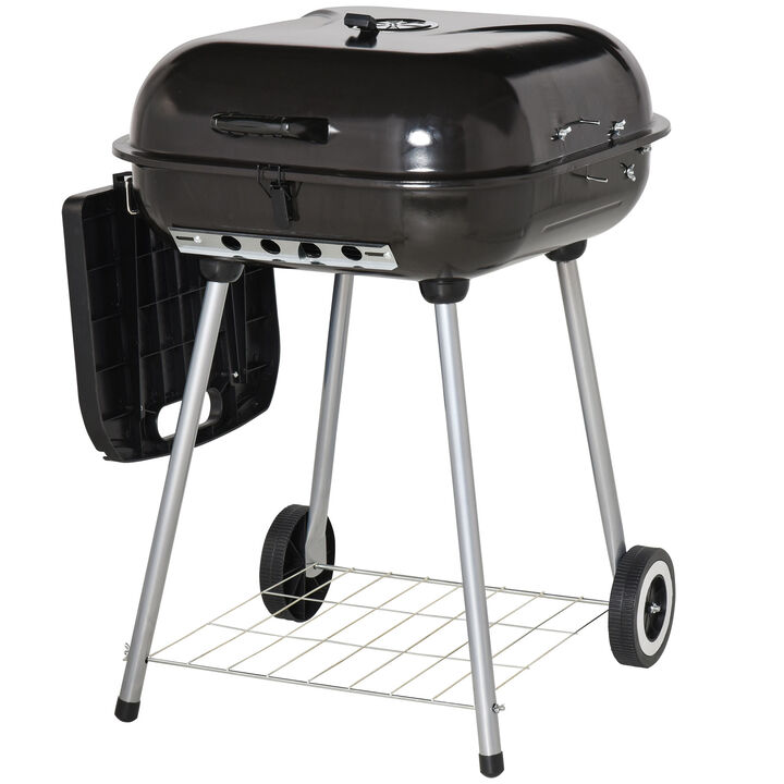 Outsunny 21" Portable Charcoal Grill with Wheels and Bottom Shelf, BBQ Smoker with Adjustable Vents on Lid for Picnic Camping Backyard Cooking, Black