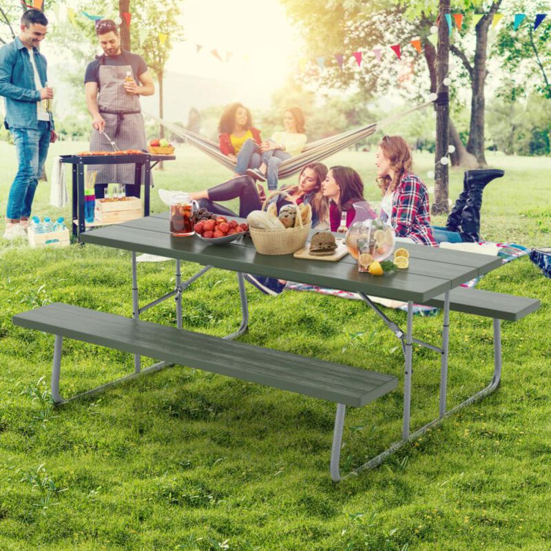 Hivvago Folding Picnic Table Set with Metal Frame and All-Weather HDPE Tabletop, Umbrella Hole