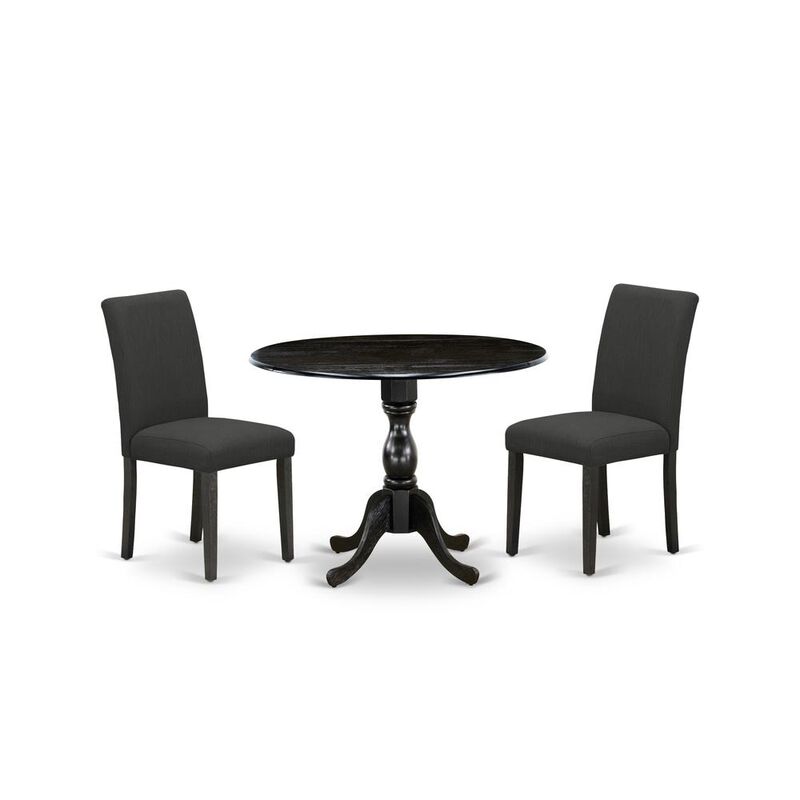 East West Furniture DMAB3-ABK-24 3 Piece Modern Dining Table Set Includes 1 Drop Leaves Dining Room Table and 2 Black Linen Fabric Padded Chair with High Back - Wire Brushed Black Finish