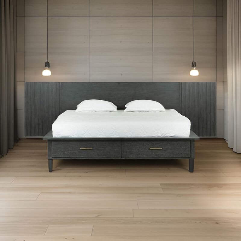 Cid Lime Queen Platform Bed, 2 Drawers, Wall Headboard, Dark Gray Finish - Benzara image number 5