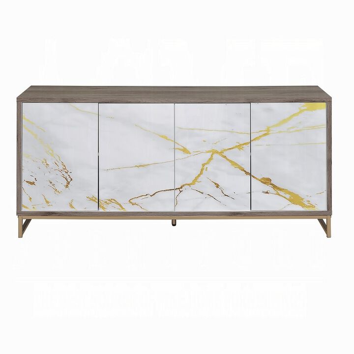 Avia Sideboard Console Cabinet, White Marble Look 4 Door Brown 65 Inch