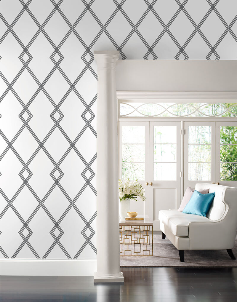 Ribbon Stripe Trellis White & Black Wallpaper image number 1