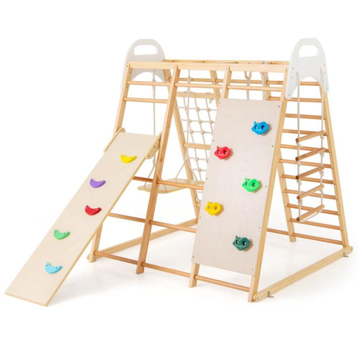 Hivvago 8-in-1 Wooden Jungle Gym Playset with Slide and Monkey Bars