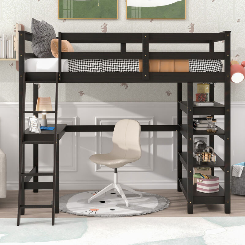Twin Loft Bed with desk, ladder, shelves, Espresso