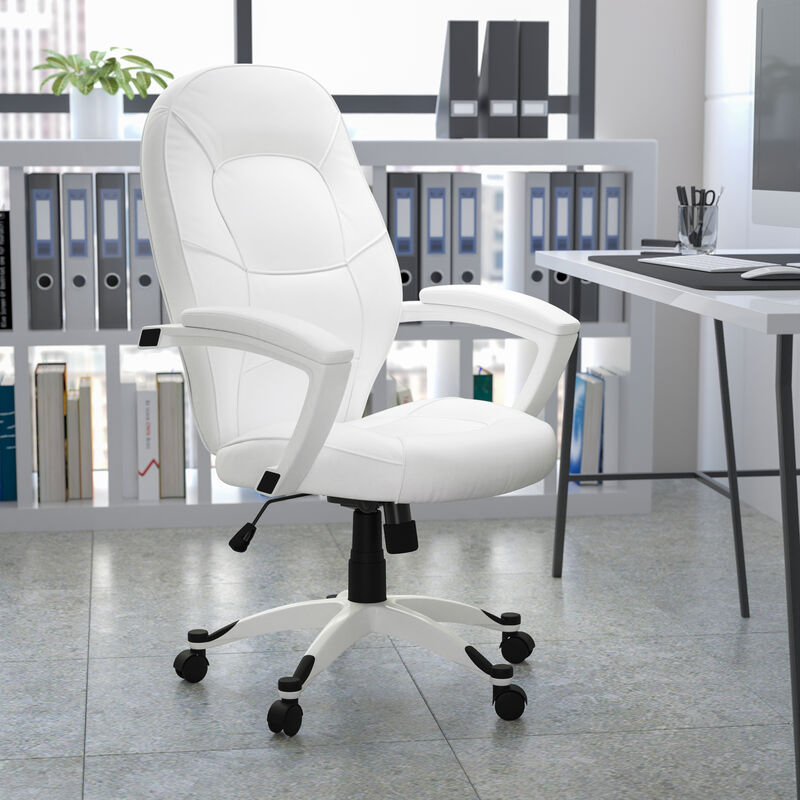Quincey Mid-Back White LeatherSoft Tapered Back Executive Swivel Office Chair with White Base and Arms image number 2