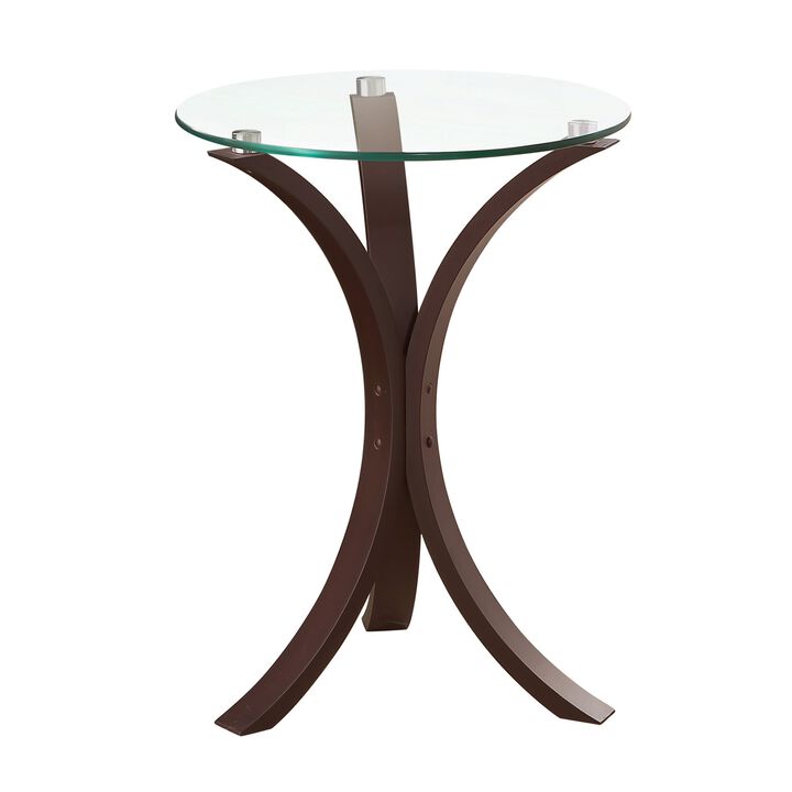 Contemporary Wood Accent Table, Tempered Glass Top, Brown, Clear-Benzara