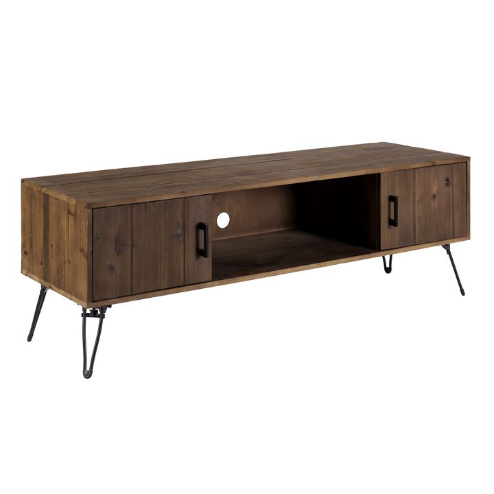 Clive 60 Inch Reclaimed Wood Rectangle Farmhouse TV Stand Media Console, 2 Doors, Iron Legs, Natural Brown-Benzara